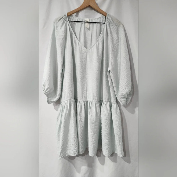 H&M Womens Peplum Shift Dress Size Medium Light Blue Balloon Sleeve Boho‎ Scandi - Picture 8 of 10